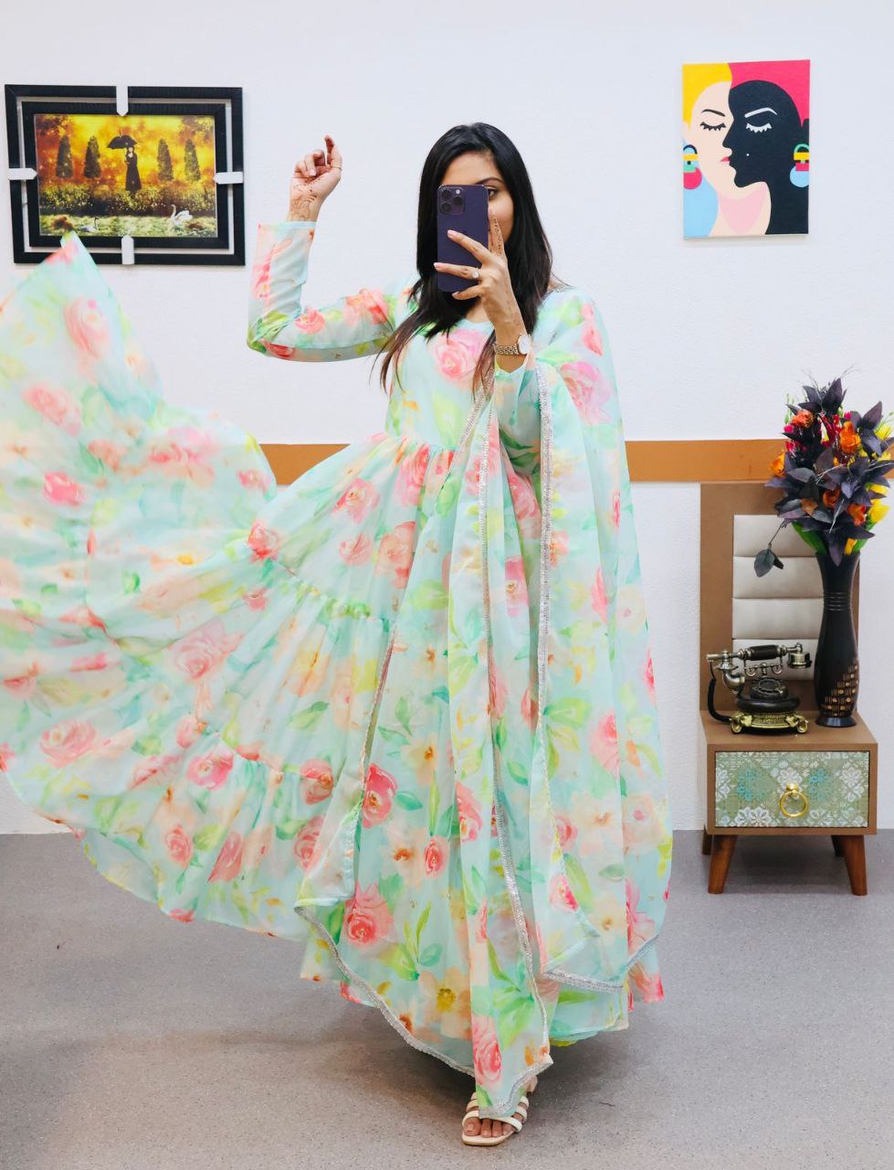 Light Green Organza Printed Gown