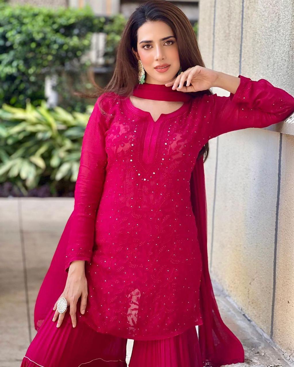 Pink Blooming Embroidery  Sharara Suit