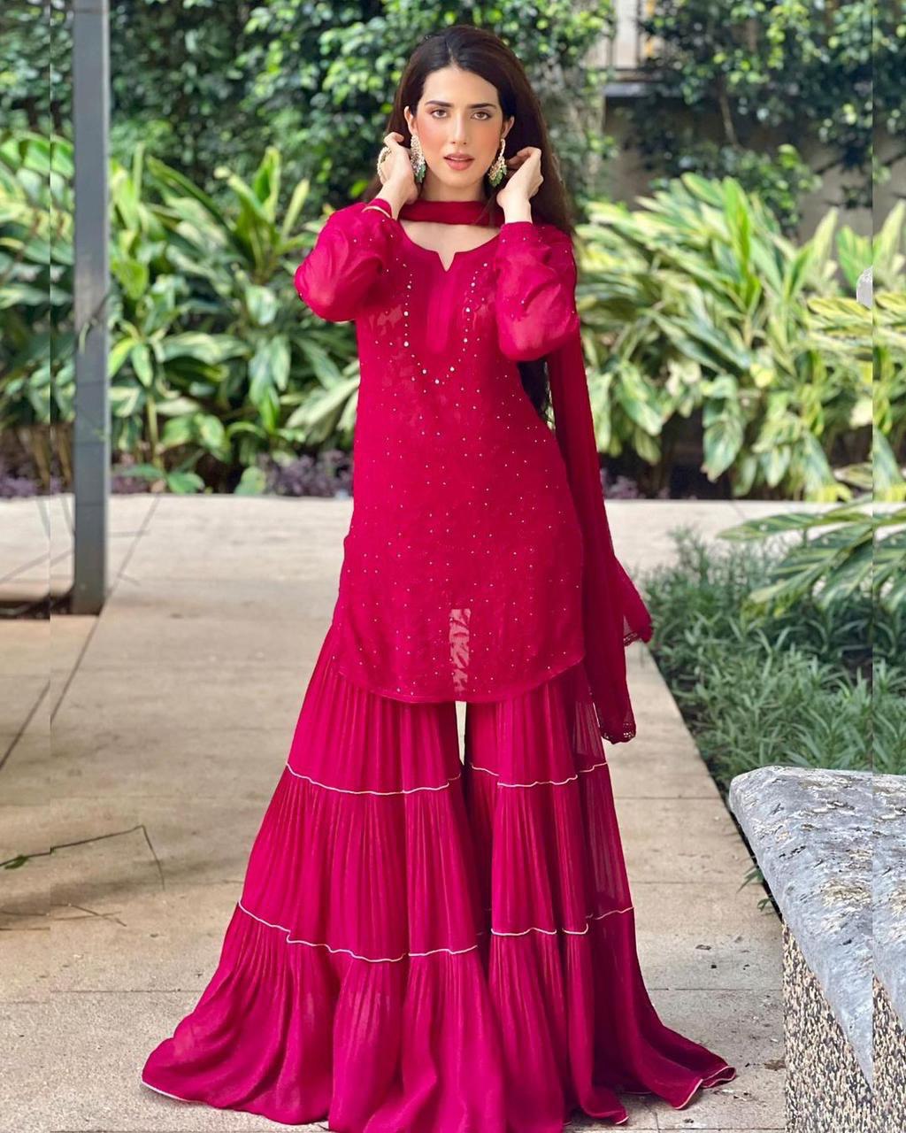 Pink Blooming Embroidery  Sharara Suit