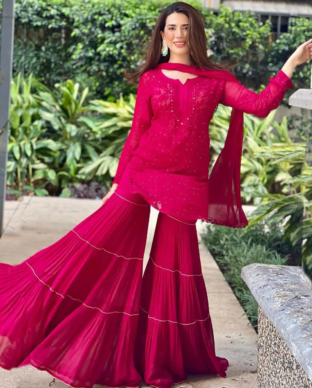 Pink Blooming Embroidery  Sharara Suit