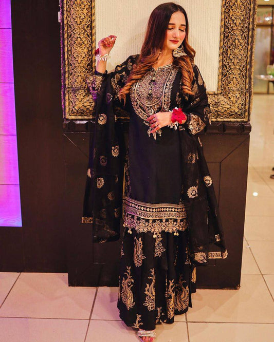 Black Fox Georgette Embroidery Sharara Set