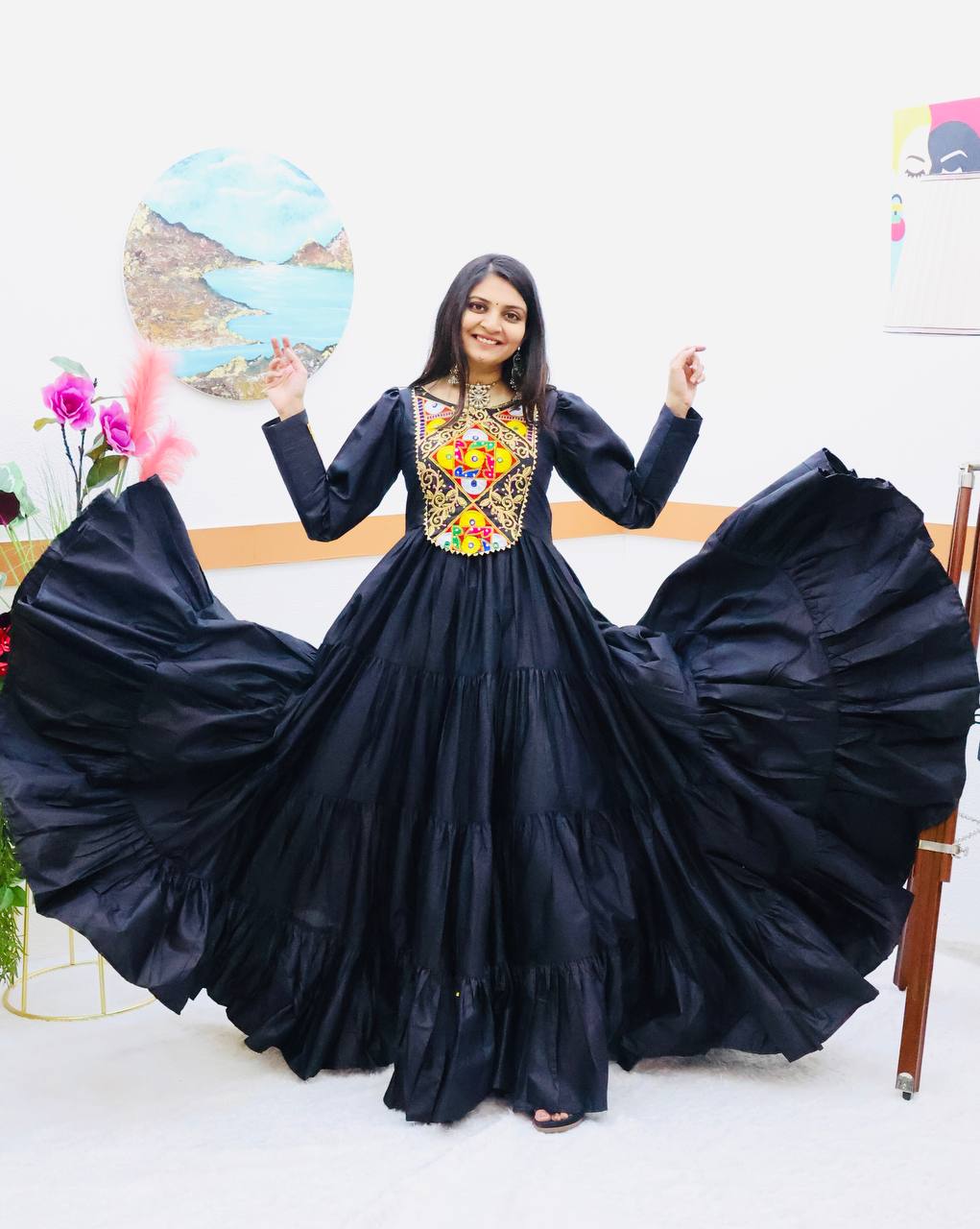 Black Dal Silk Embroidery Gown