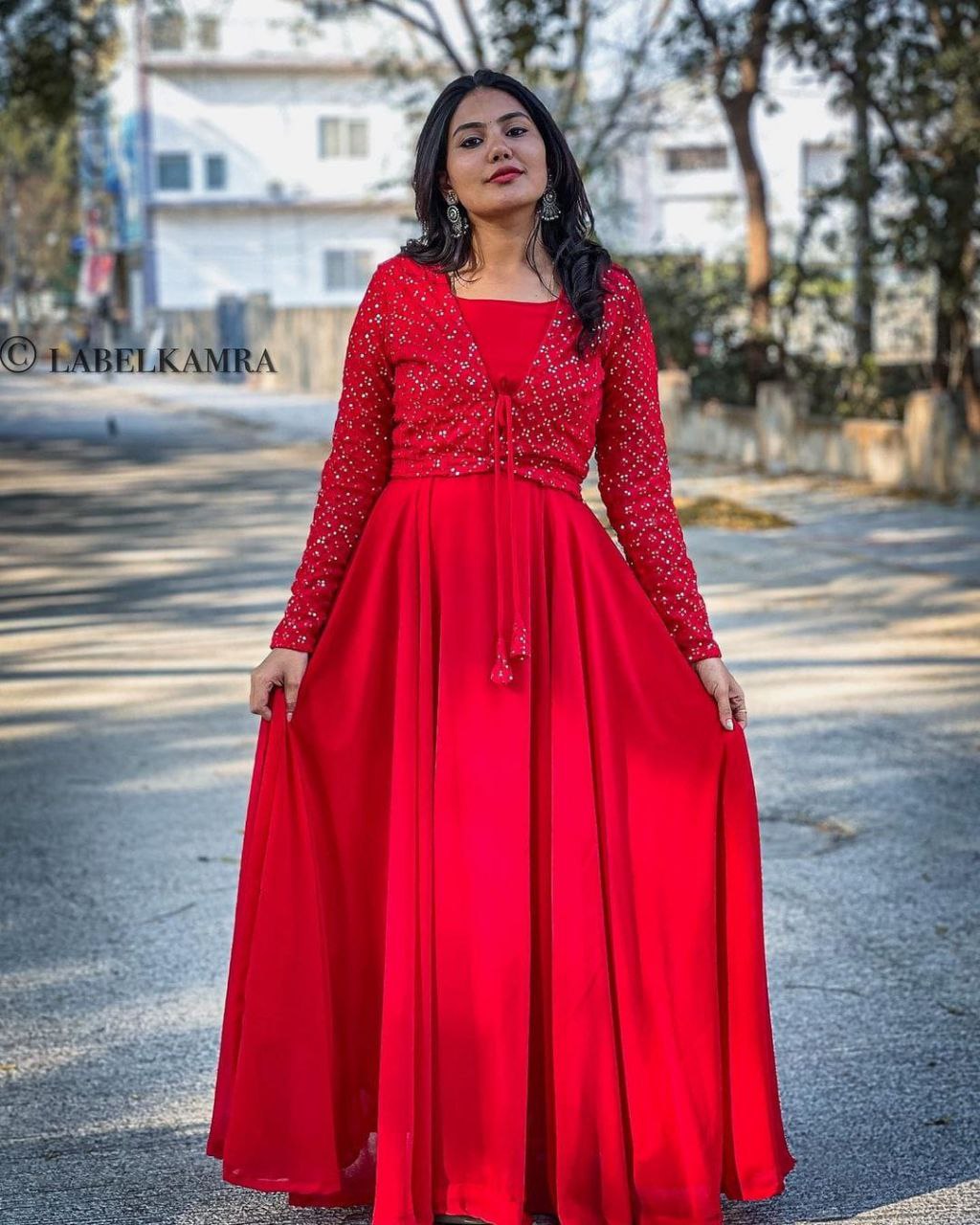 Red Fox Georgette Embroidery Gown