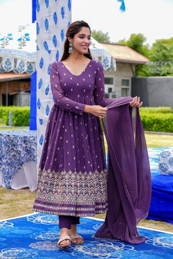 Purple Fox Georgette Embroidery Salwar Suit