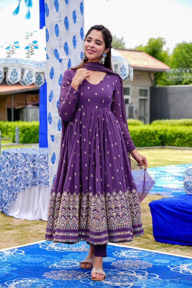 Purple Fox Georgette Embroidery Salwar Suit