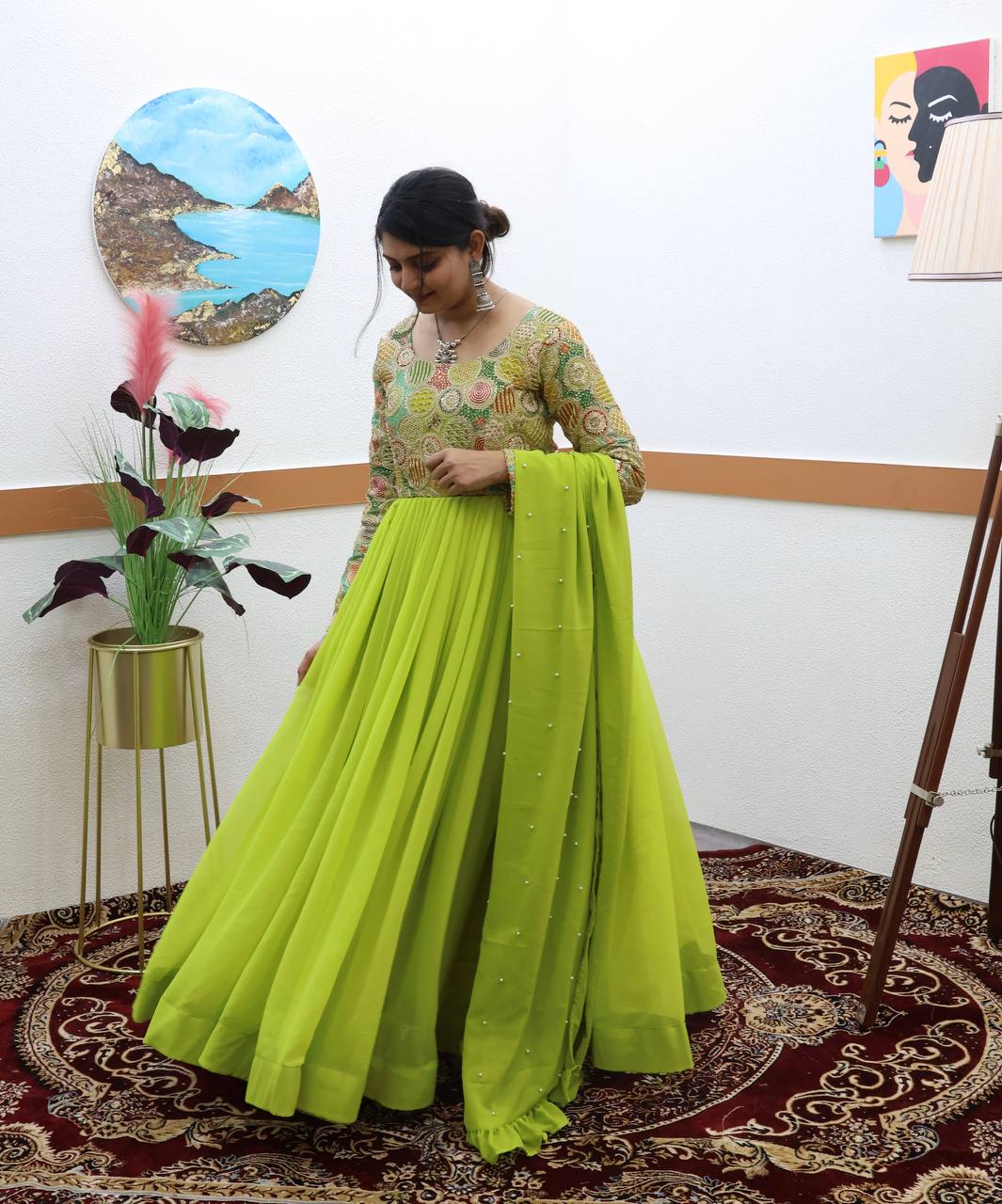 Yellow And Green Fox Georgette Embroidery Gown