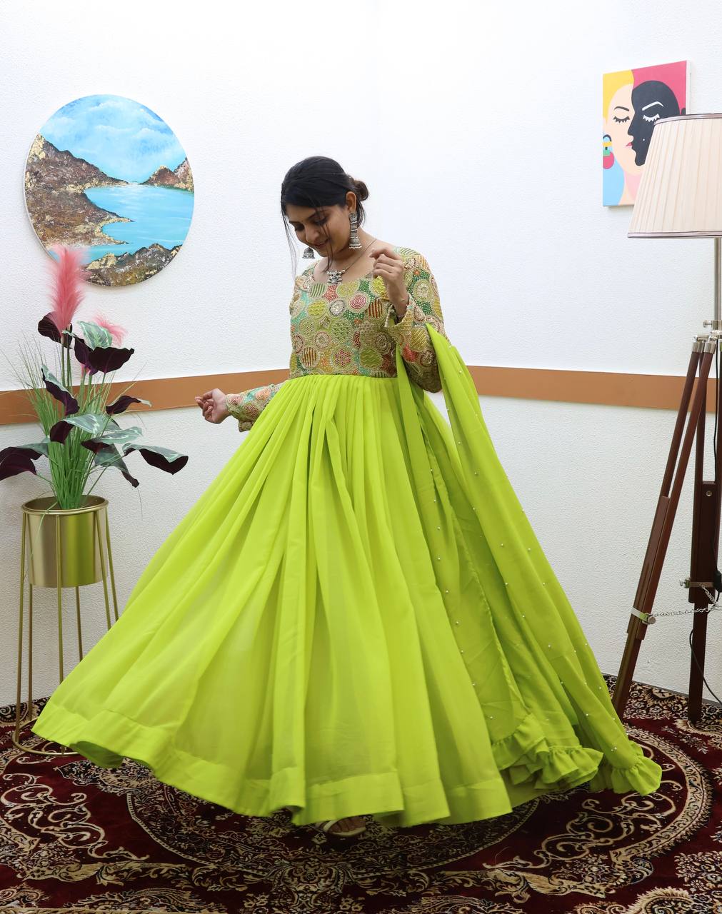 Yellow And Green Fox Georgette Embroidery Gown