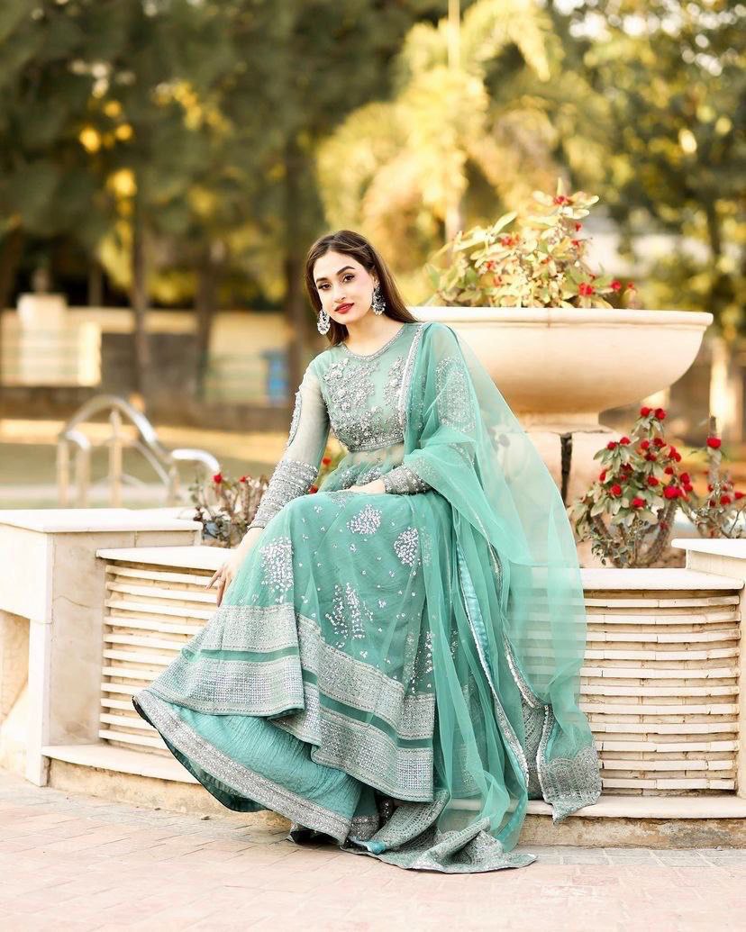 Light Green Soft Net Embroidery Sharara Suit