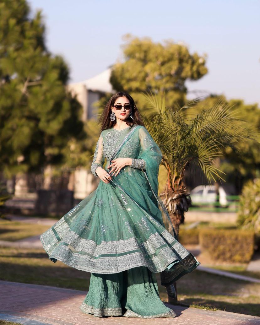 Light Green Soft Net Embroidery Sharara Suit