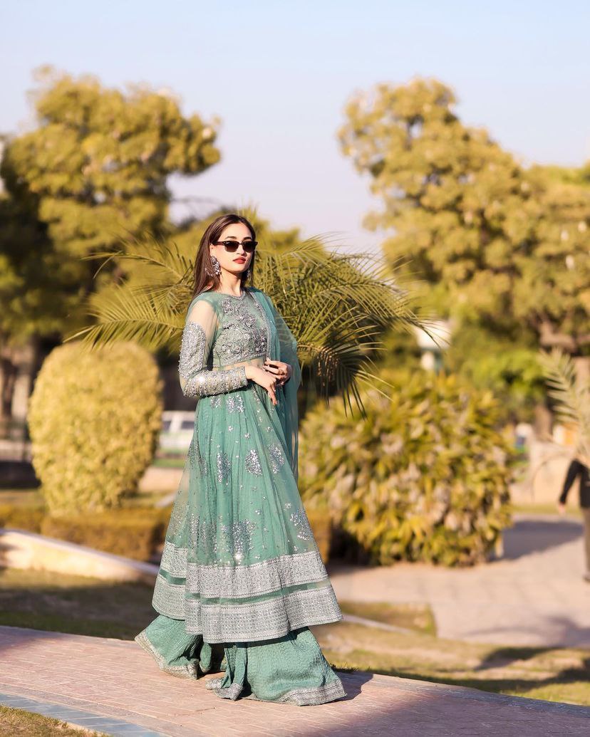 Light Green Soft Net Embroidery Sharara Suit