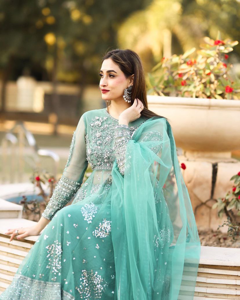 Light Green Soft Net Embroidery Sharara Suit