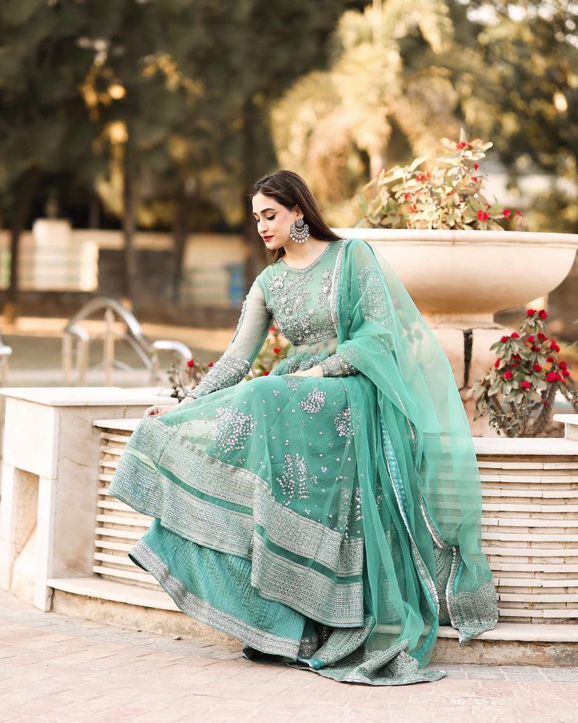 Light Green Soft Net Embroidery Sharara Suit