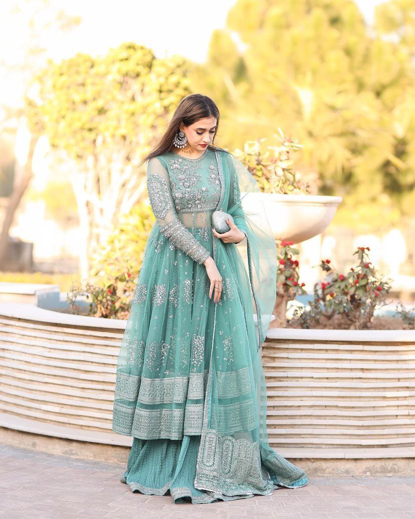 Light Green Soft Net Embroidery Sharara Suit