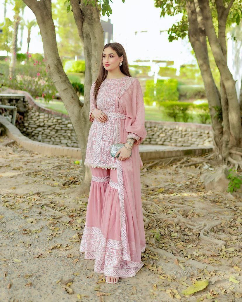 PInk Fox Georgette Embroidery Sharara Suit