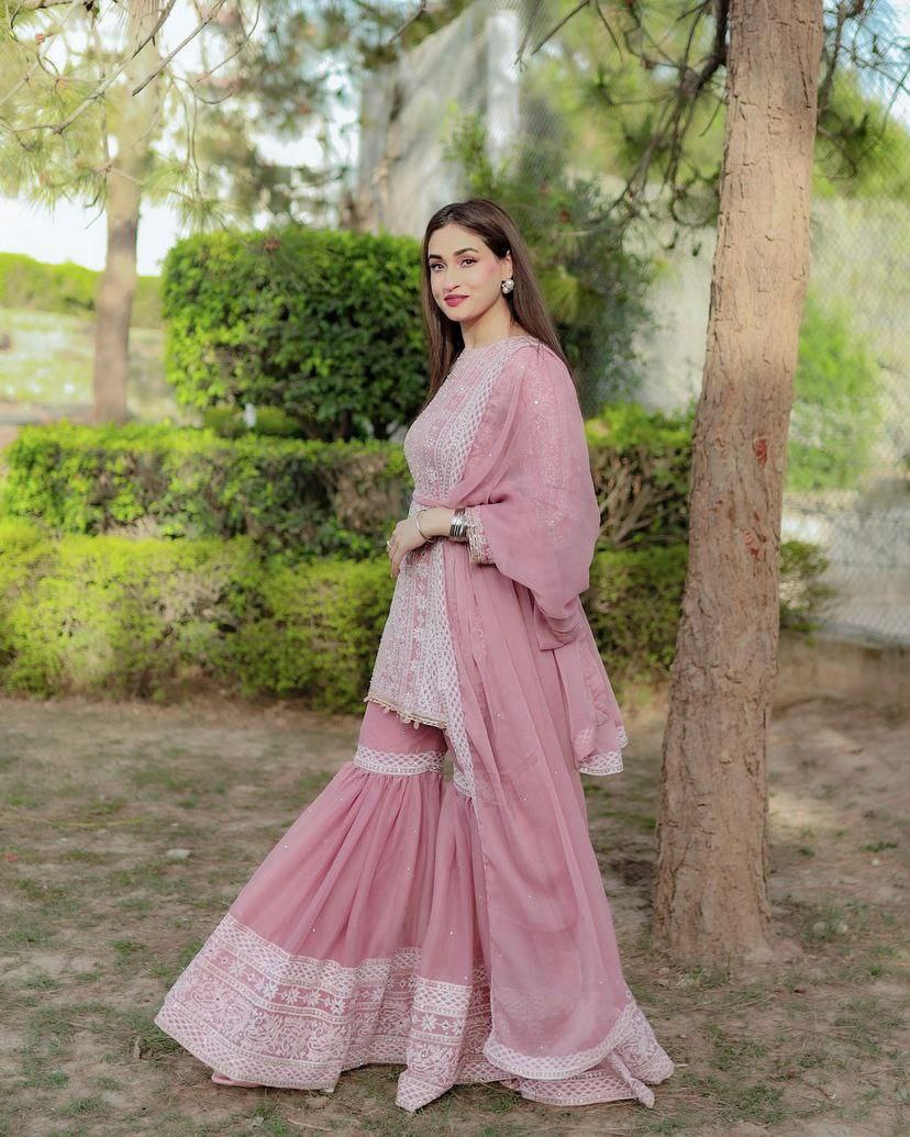 PInk Fox Georgette Embroidery Sharara Suit