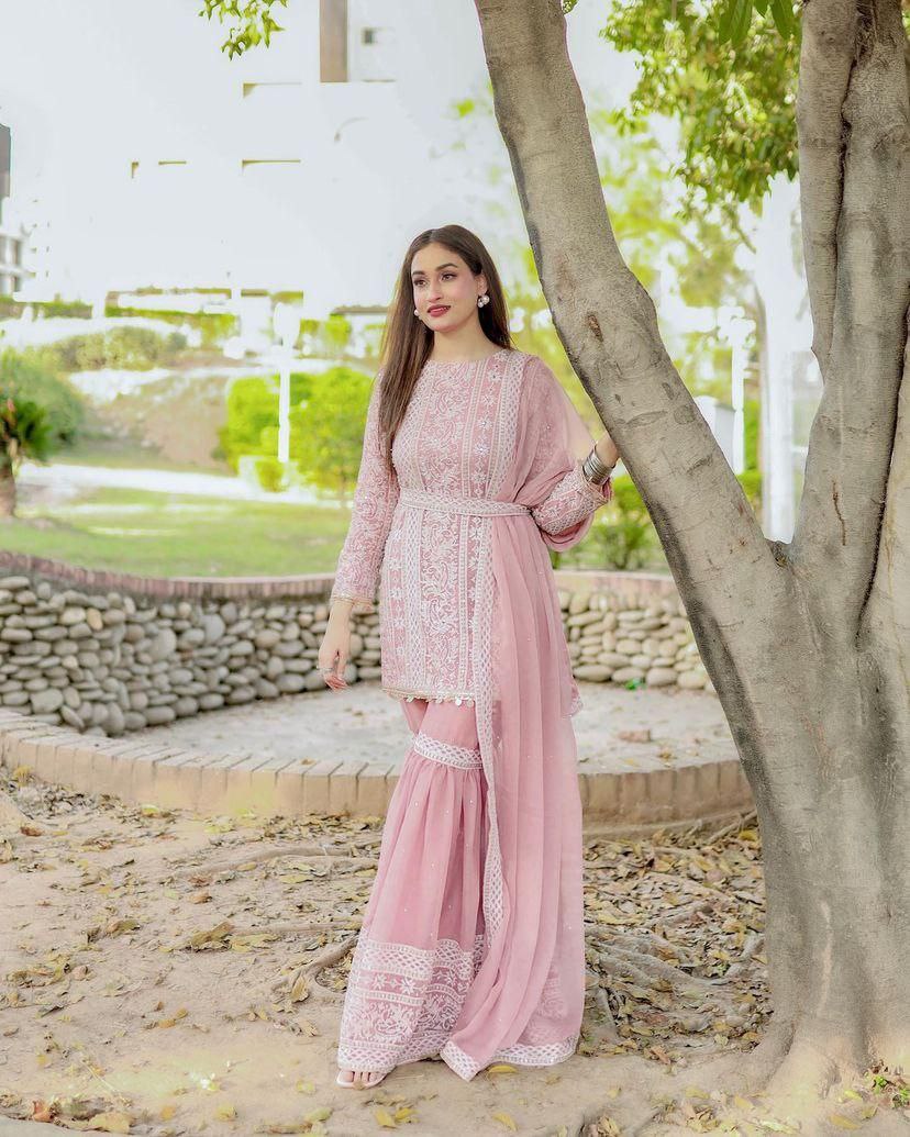 PInk Fox Georgette Embroidery Sharara Suit