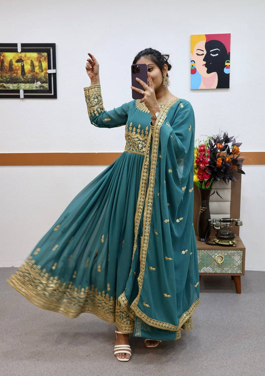 Teal Fox Georgette Embroidery Gown