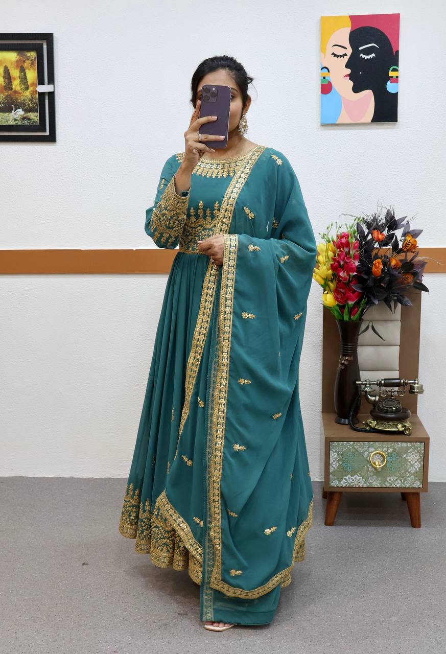 Teal Fox Georgette Embroidery Gown