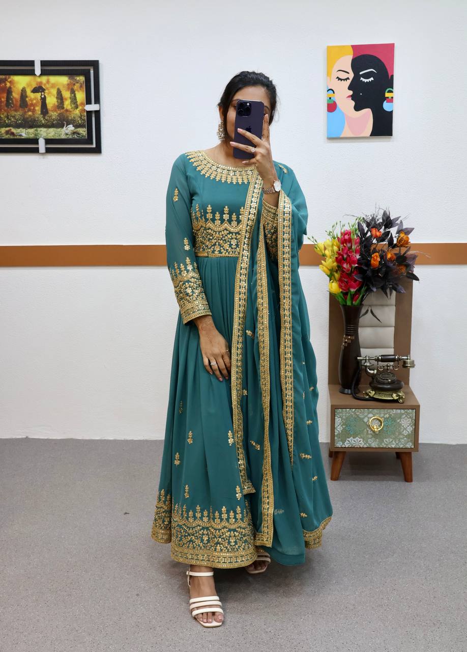 Teal Fox Georgette Embroidery Gown