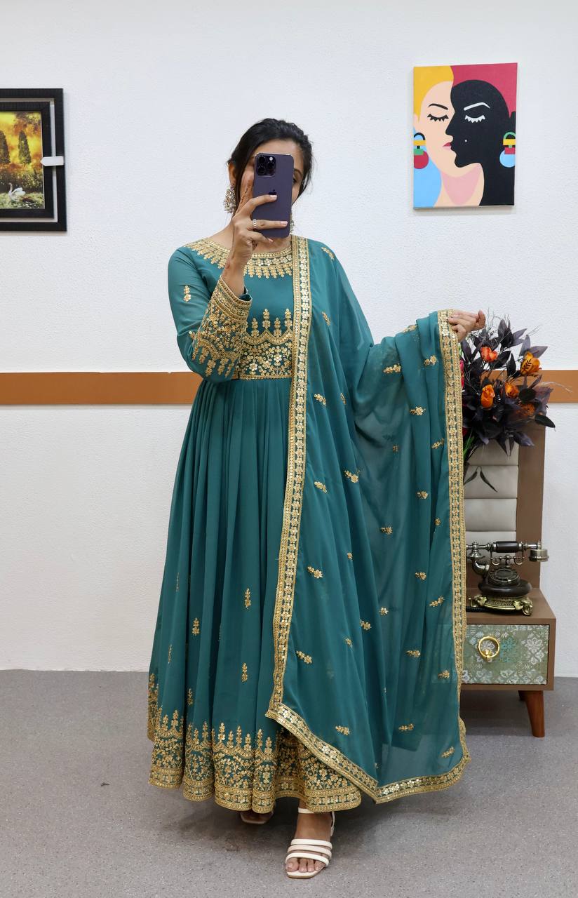 Teal Fox Georgette Embroidery Gown