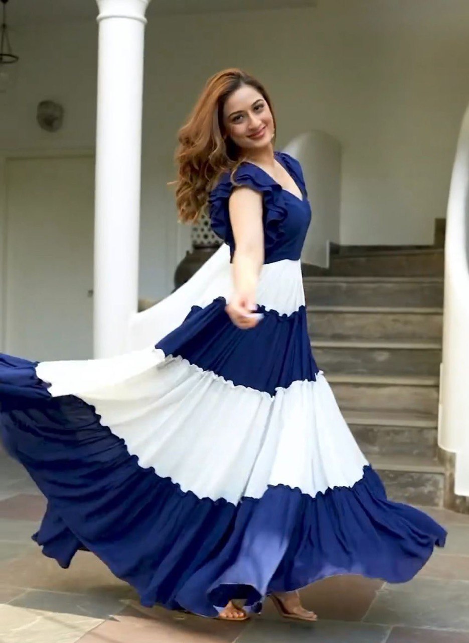 White & Blue Vichitra Silk Ruffle Gown