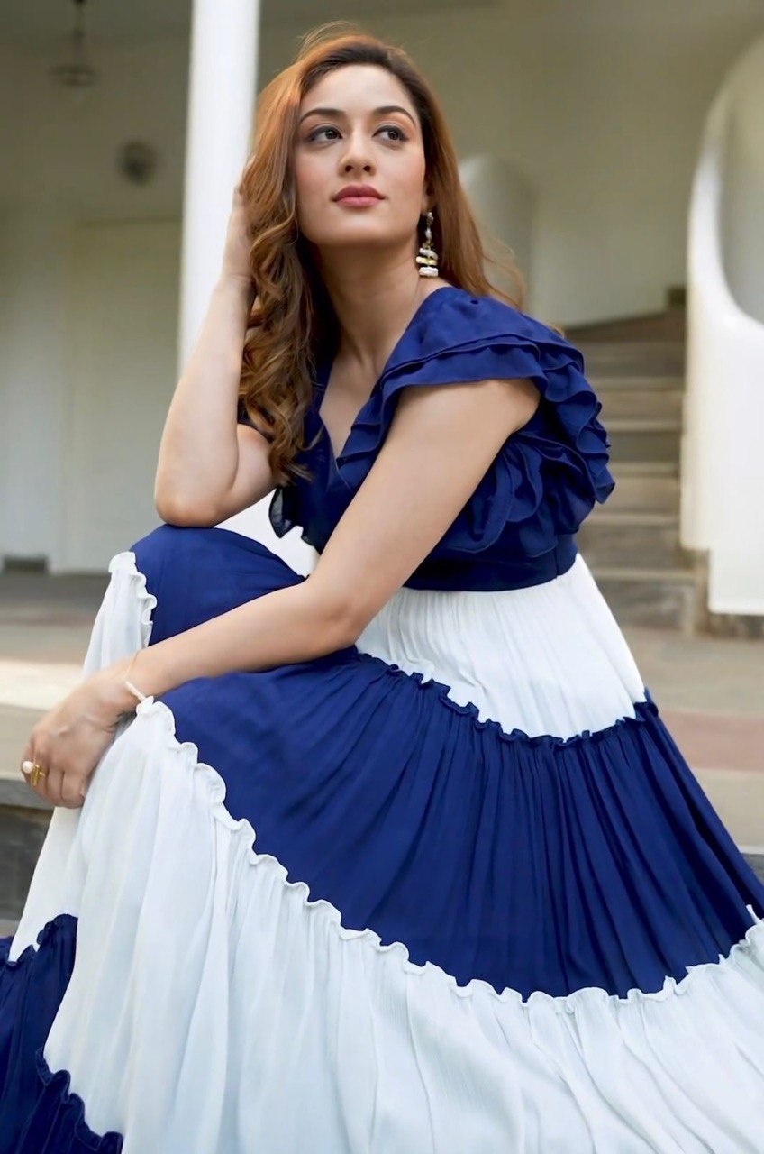 White & Blue Vichitra Silk Ruffle Gown