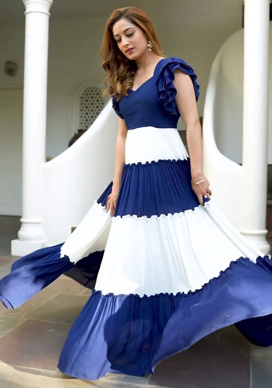 White & Blue Vichitra Silk Ruffle Gown