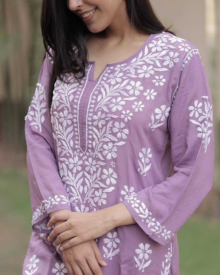 Pushti Purple Rayon Cotton Chikankari Kurta With Palazzo