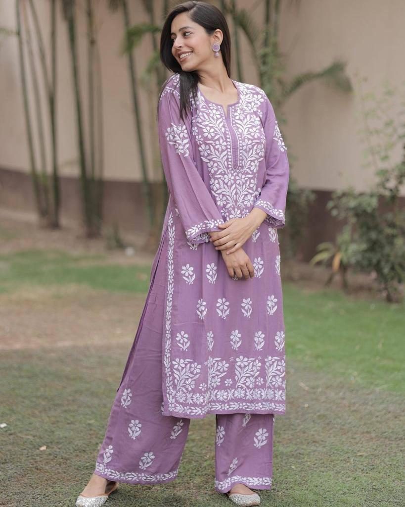 Pushti Purple Rayon Cotton Chikankari Kurta With Palazzo