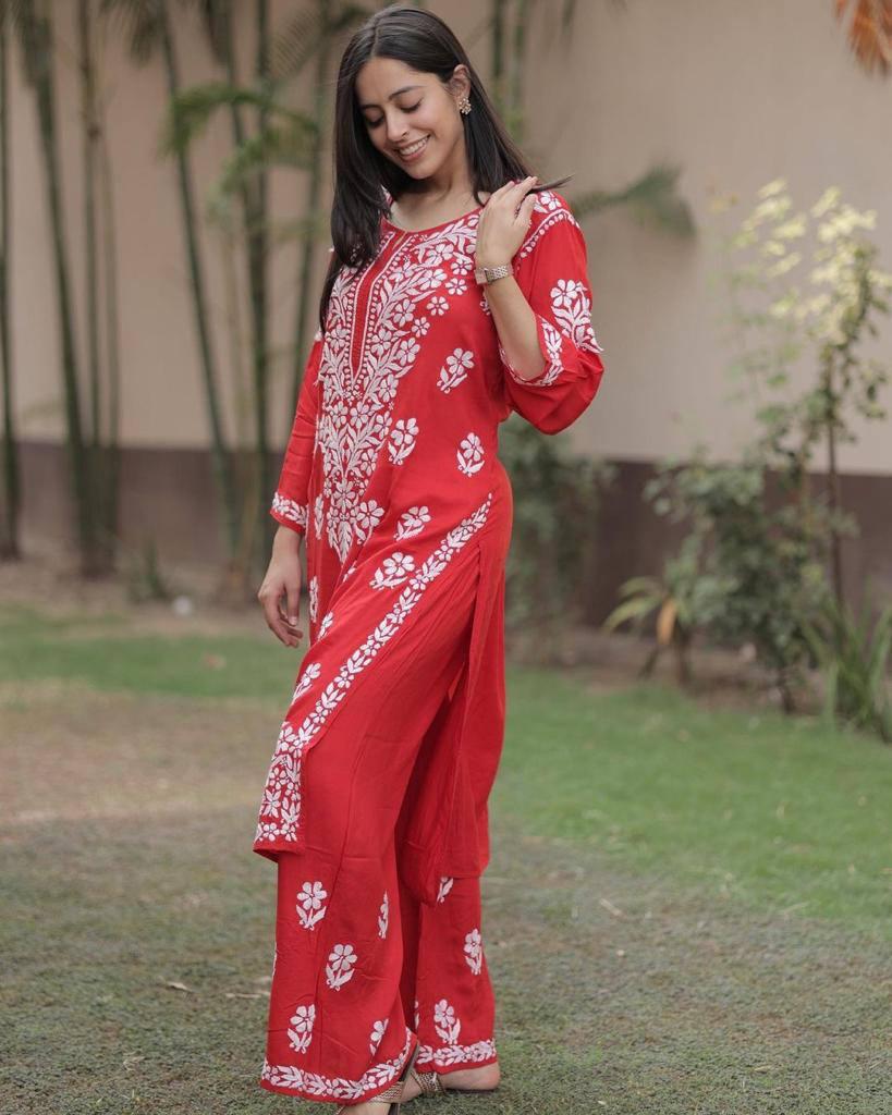 Rachana Red Rayon Cotton Chikankari Kurta With Palazzo