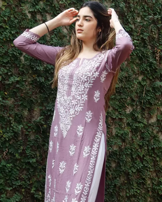 Piya Purple Rayon Cotton Chikankari Kurta With Palazzo