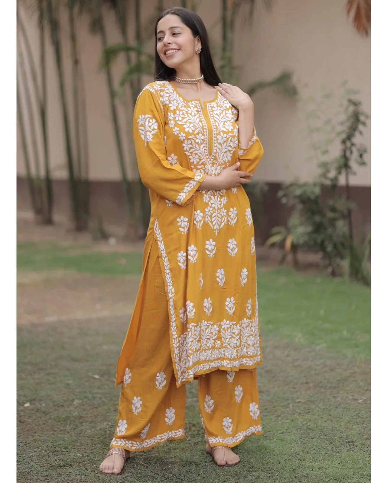 Chakrika Rayon Cotton Chikankari Kurta With Palazzo